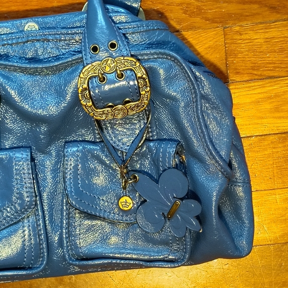 SOLD Y2K Vintage Gianni Bini Blue Leather Handbag Purse w/ Buckles & Keychain - Picture 5 of 8